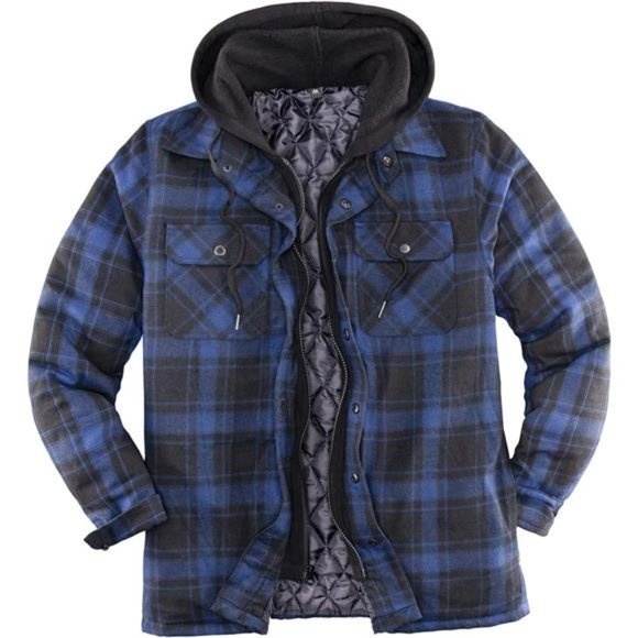Men's Thicken Plaid Hooded Flannel Shirt Jacket with Quilted Line, Dark Blue